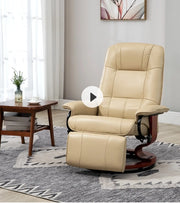 Poltrona relax girevole con schienale reclinabile a 145°, poggiapiedi manuale e base in legno, crema bianco