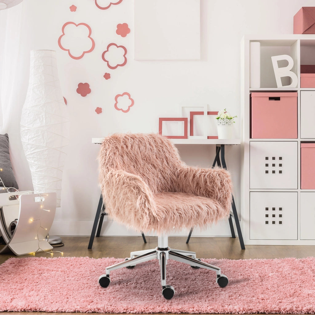 Sedia da ufficio in pelliccia sintetica con altezza regolabile, schienale ergonomico e braccioli in nylon rosa