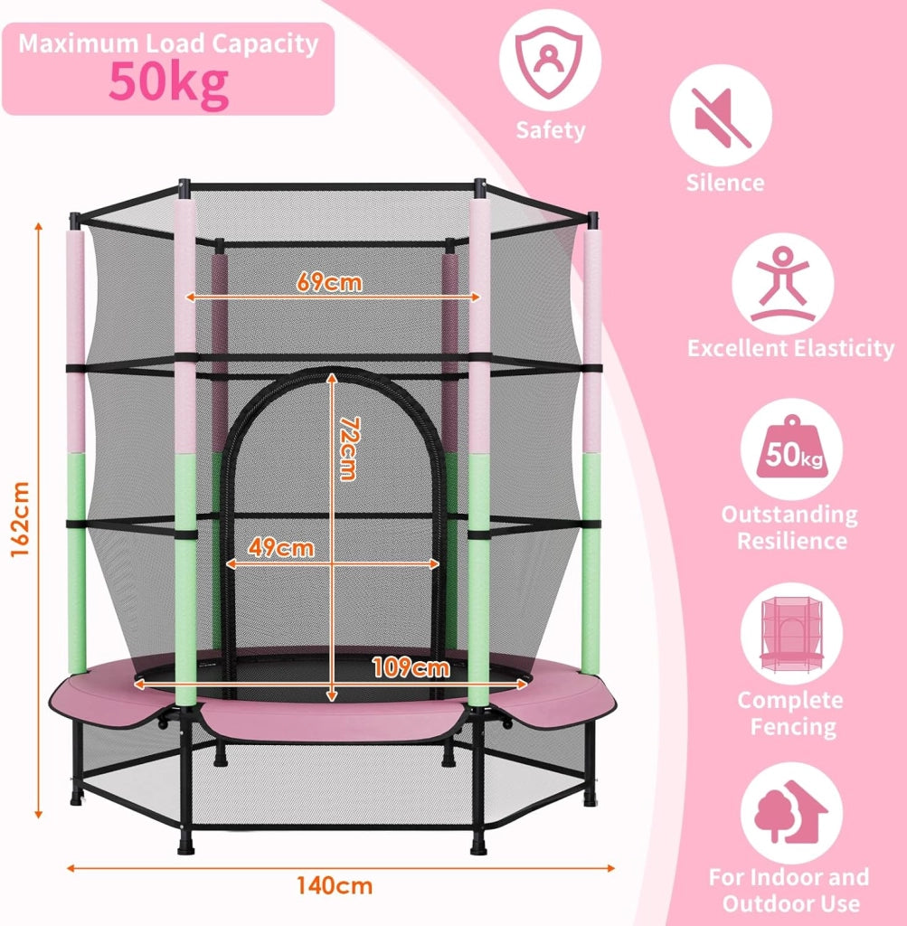 Trampolino Elastico Bambini, Tappeto Elastico Bambini Ø140 cm, Salterello bambini con Rete Sicurezza, Trampolino Giardino per Esterno e Interno, Max 50 kg, per Regali
