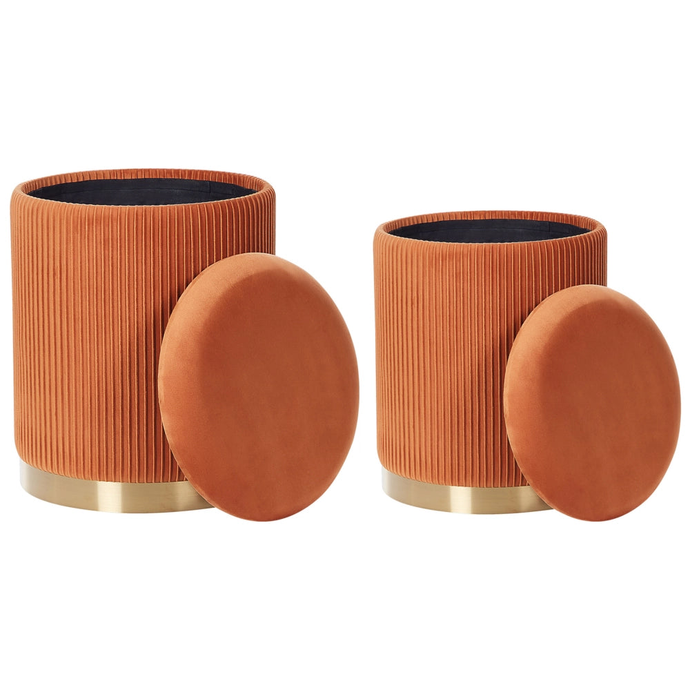 Set di 2 pouf portaoggetti Rivestimento in velluto di poliestere arancione Base dorata Design moderno Ciuffo orizzontale Soggiorno pezzo