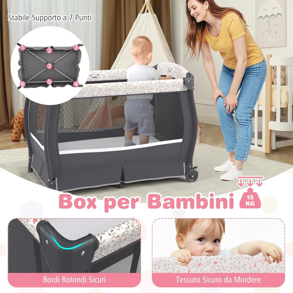 4 in 1 Lettino Neonato con Materasso, Culla da Campeggio con Fasciatoio Cappottina Regolabile, Ruote Bloccabili, Box Piechevole per Bambini 0-36 Mesi (Fiore Piccolo)