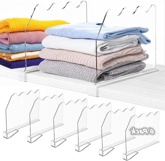 Set di 6 divisori trasparenti - Acrilico - Spazio di stoccaggio per borse - Multifunzionale - Adattabile - Organizzatore di abiti - Camera da letto e cucina - Organizzazione degli armadi