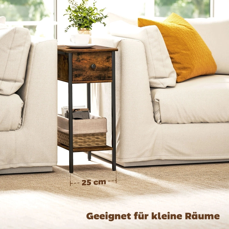 Tavolino basso con cassetto e vano aperto, in legno e metallo, per soggiorno e camera da letto, marrone, 25 × 39,8 × 58,2 cm