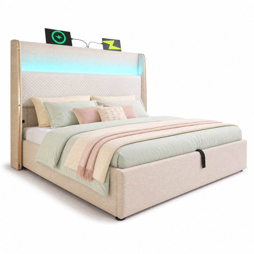 Letto matrimoniale idraulico con testiera alta, LED, USB/Type-C e contenitore