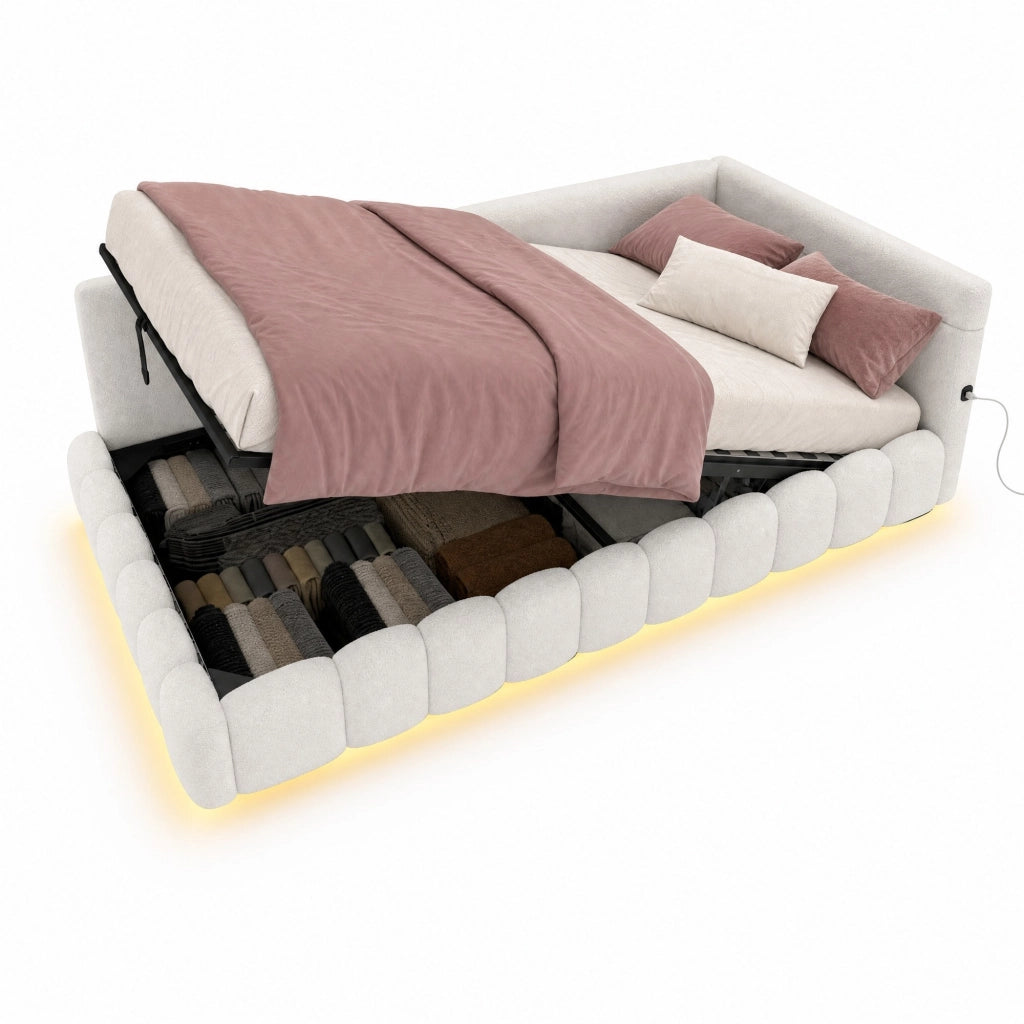 Letto singolo 90 x 200 cm con vano idraulico; LED; USB e Type-C; velluto bianco