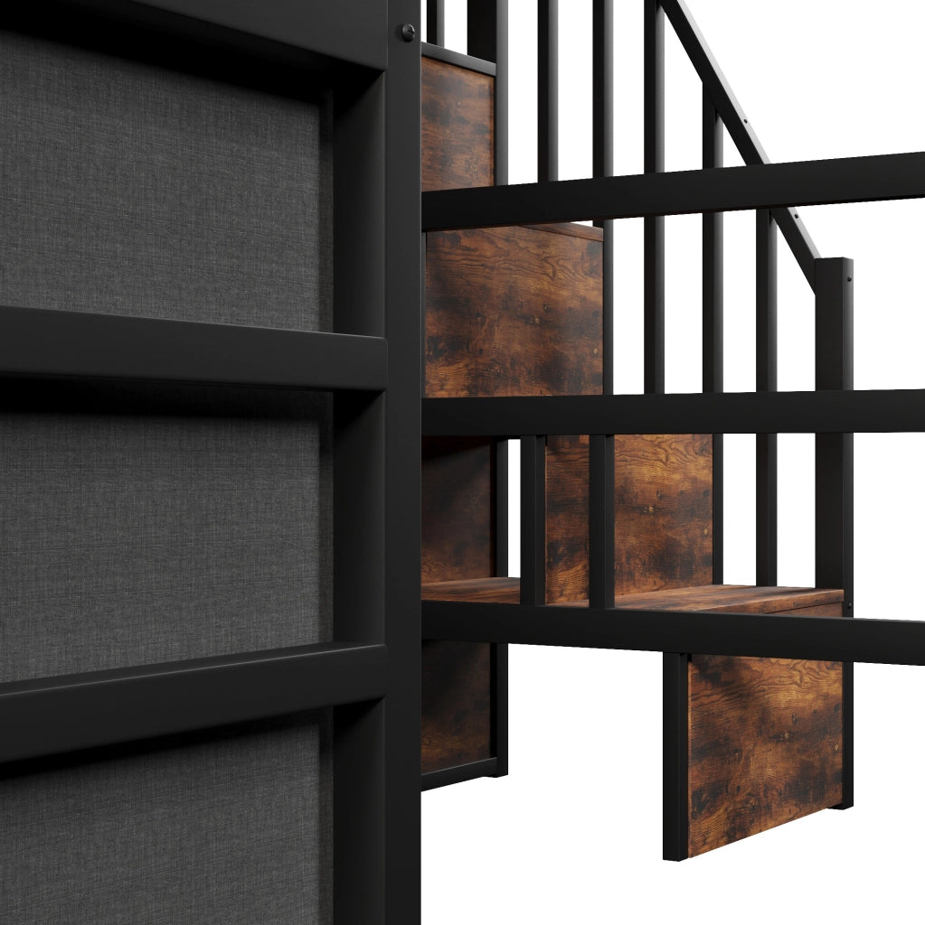 Letto a soppalco 140x200 cm nero con scrivania, cassetti, LED e presa