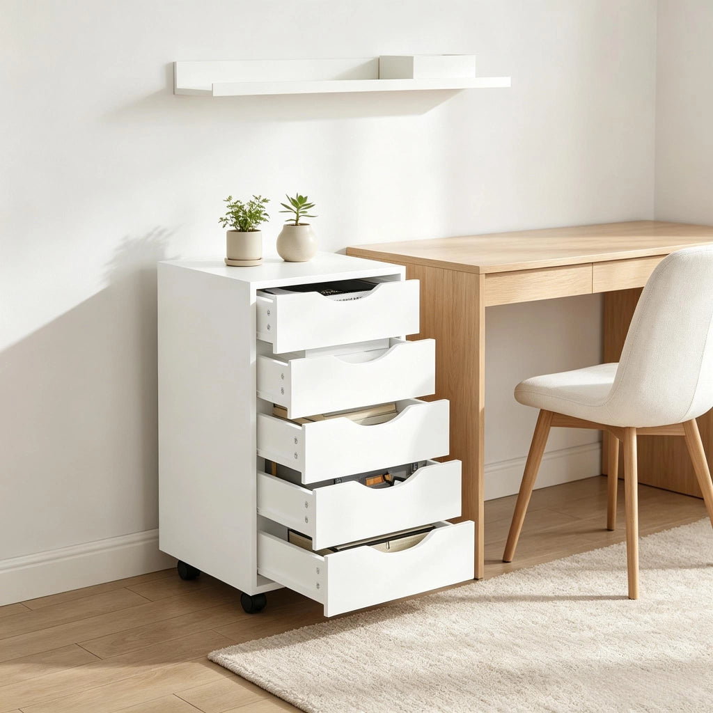 Cassettiera con ruote con 5 cassetti, per ufficio e camera, in legno ingegnerizzato, bianco, 40 × 40 × 66,5 cm