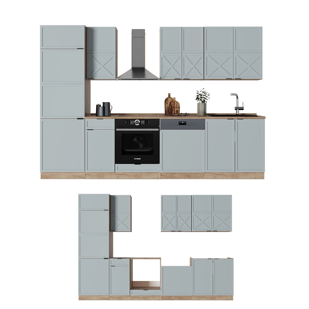 Cucina componibile Fame-Line Blu-grigio chiaro/Rovere dorato 300 cm, PL Antracite Vicco