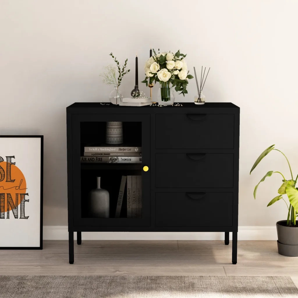 Credenza Nera 75x35x70 cm in Acciaio e Vetro Temperato cod mxl 66190