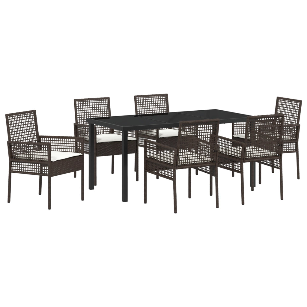 Set da Pranzo per Giardino 7 Pezzi con Cuscini Marrone in Rattan Sintetico