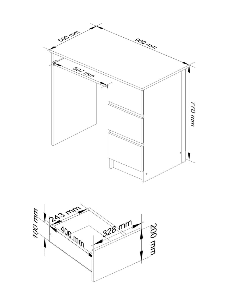 Scrivania per computer AKORD A6 Wengé 90 cm 3 cassetti 90x50x77 cm Modello a destra