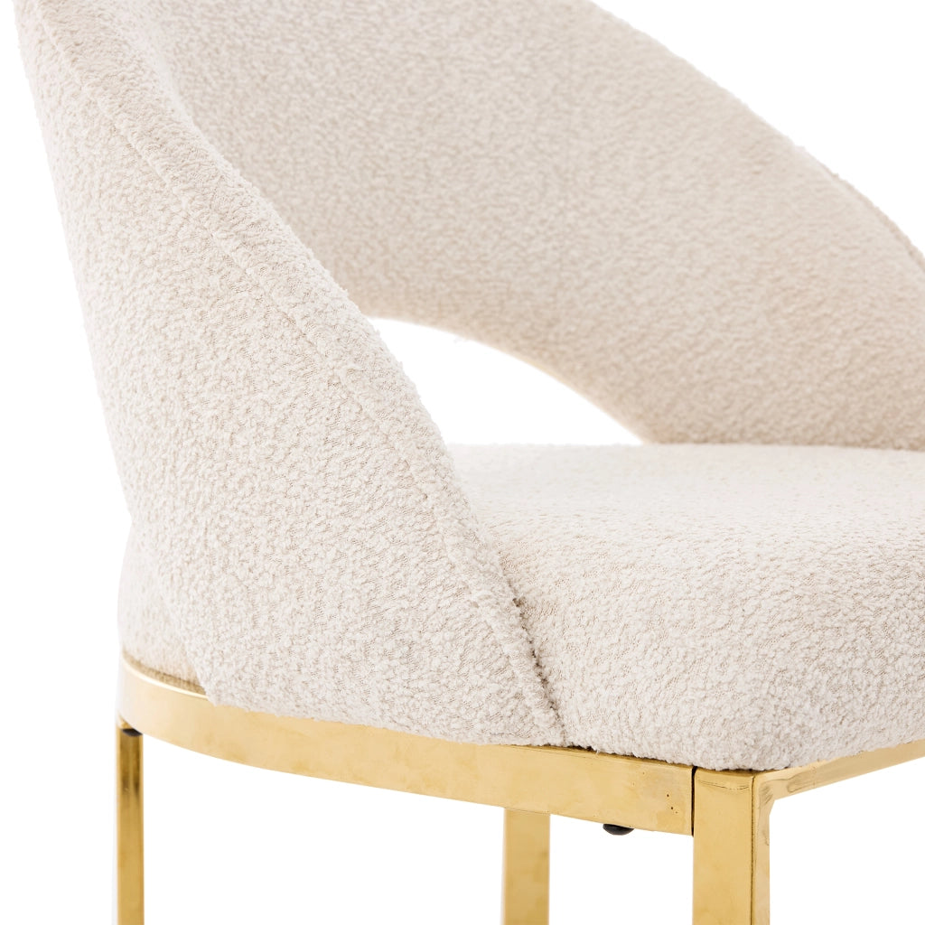 Sedia da Pranzo Set da 4 con Schienale Curvo e Gambe in Metallo Galvanizzato, in Bouclé Beige e Oro