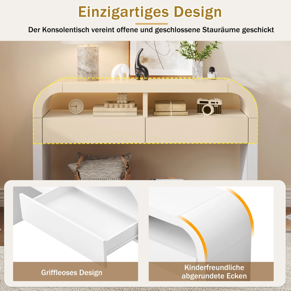 Consolle con 2 cassetti e vani aperti, piedini regolabili, per ingresso e soggiorno, in MDF bianco 120 × 35,5 × 76,5 cm