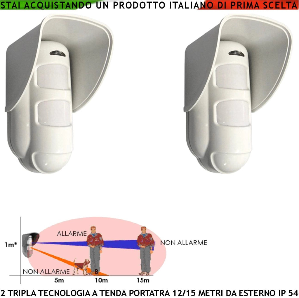 Rilevatore Movimento Tripla Tecnologia da Esterno 2 Pezzi Portata 15 Metri Grandangolo o Tenda Regolabile da 5/15 MT Alimentazione 12 V Via Filo Con Snodo Orientab Sensori 2 Pir 1 Microonda AND OR