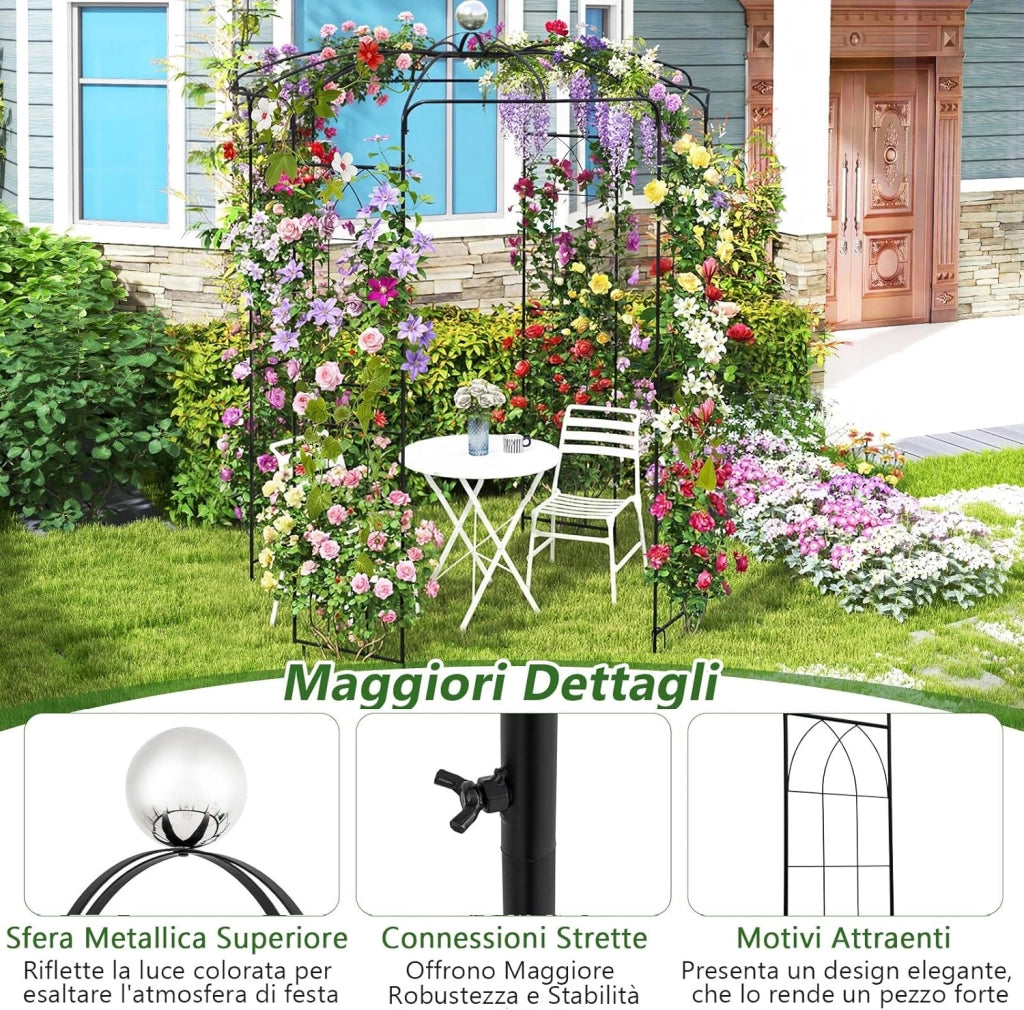 Traliccio ad Arco in Metallo Zincato per Piante Rampicanti, Gazebo a Forma di Gabbia per Uccelli con Gancio e Paletti, Pergola da Giardino per Cerimonie, 198 x 284 cm, Nero