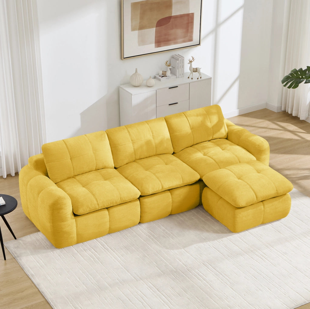 Divano modulare senza telaio in ciniglia giallo; 264 x 160 x 68 cm