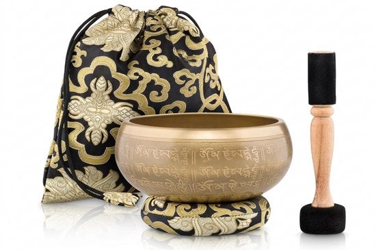 Set di campane tibetane per yoga, meditazione e rilassamento - campana tibetana Ø 16 cm, manici doppie con velluto e pelle, cuscino a anello, borsa e istruzioni