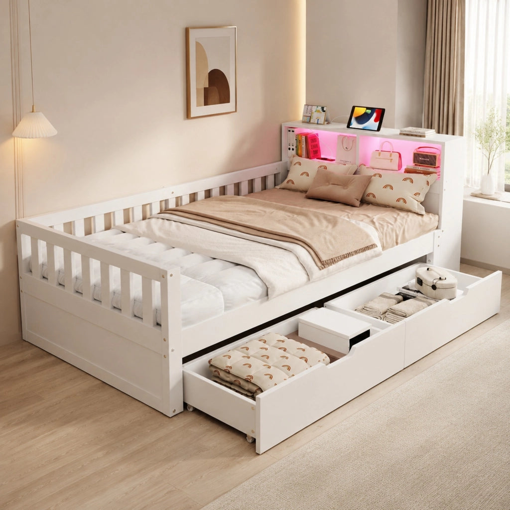 Letto singolo multifunzione 90x200 cm con divano L; LED; prese e contenitore; bianco