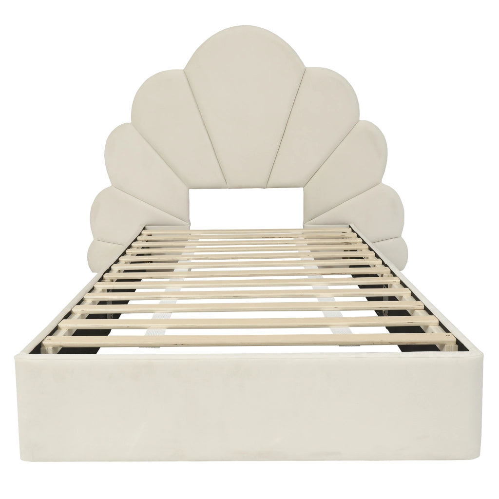 Letto singolo imbottito - Zephmum- 90x200 cm- Beige- Testiera con petali curvi