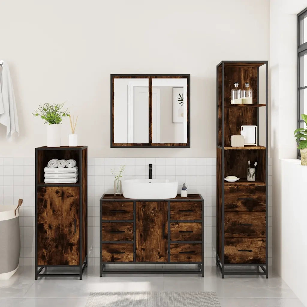 Set Mobili da Bagno 3 pz Rovere Fumo in Legno Multistrato 3301142