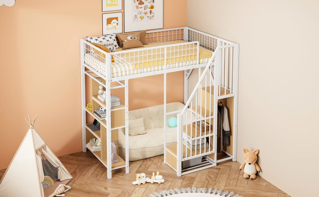 Letto a castello bianco con funzione contenitore in metallo e legno 90x200 cm