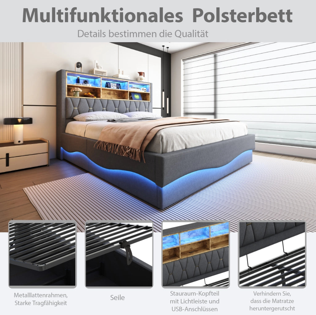 Letto imbottito 180x200 cm con LED, USB e vano contenitore