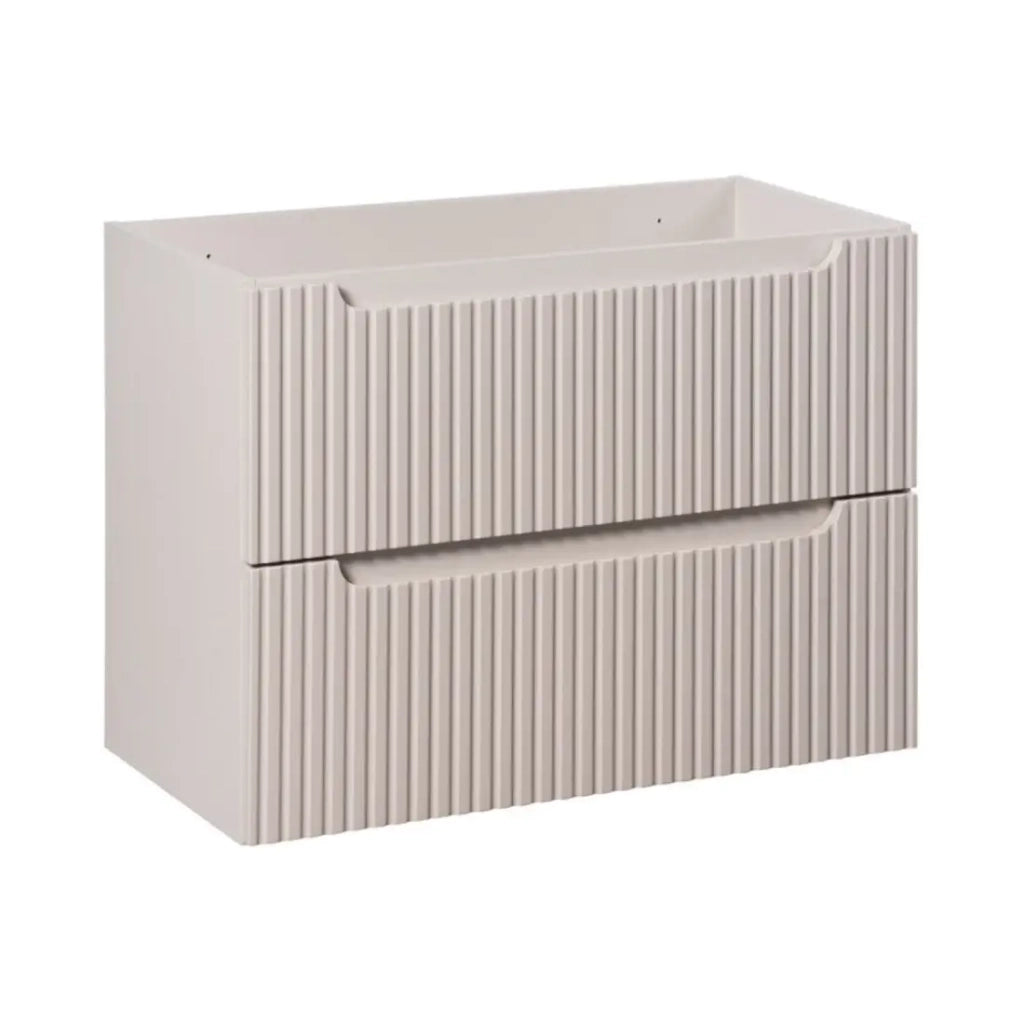 Set VANO cashmere e bianco 110cm: mobile sottolavabo con cassetti + lavabo da appoggio bianco scanalato + colonna
