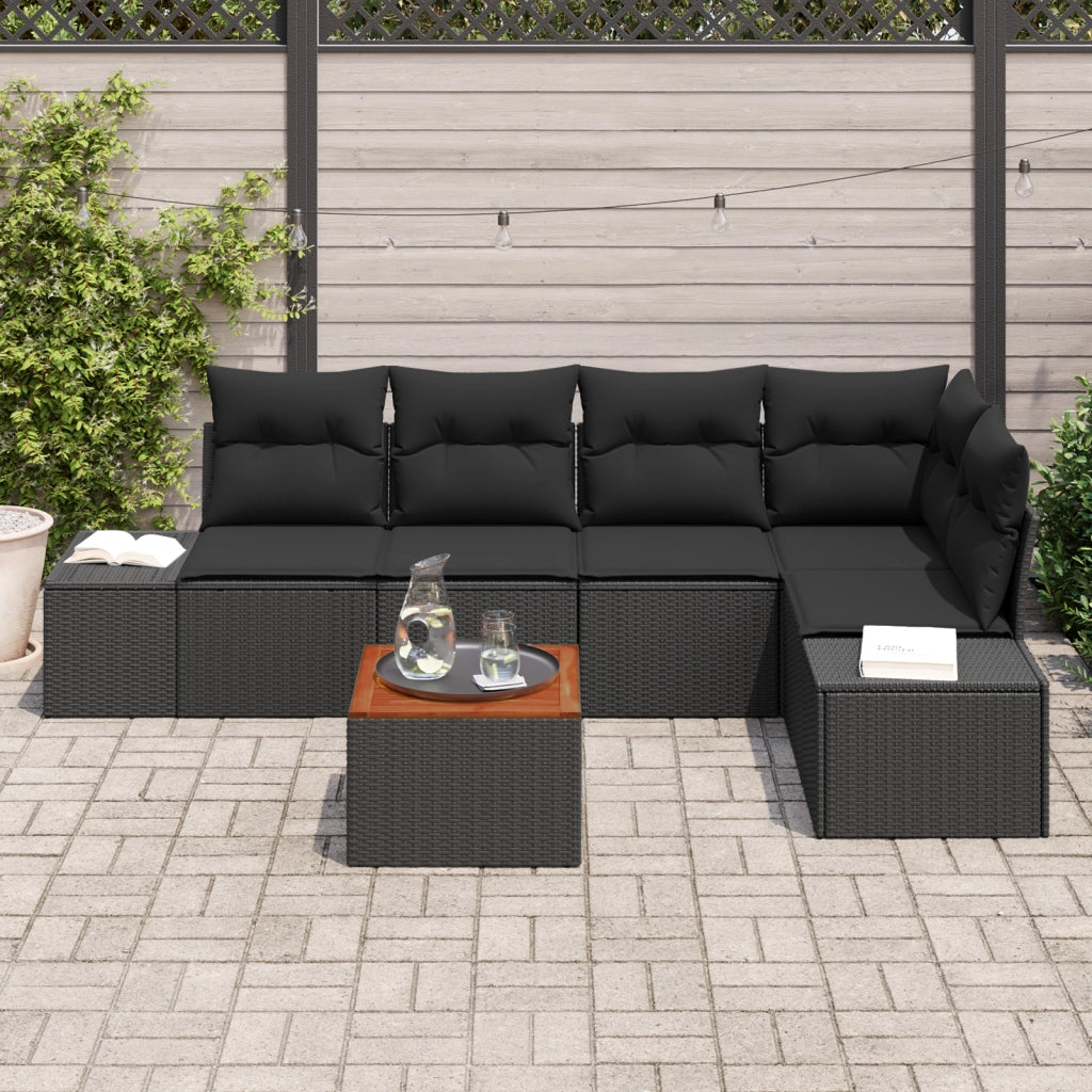 Set Divano da Giardino da 6 Pezzi con Cuscini Nero Polyrattan Acacia