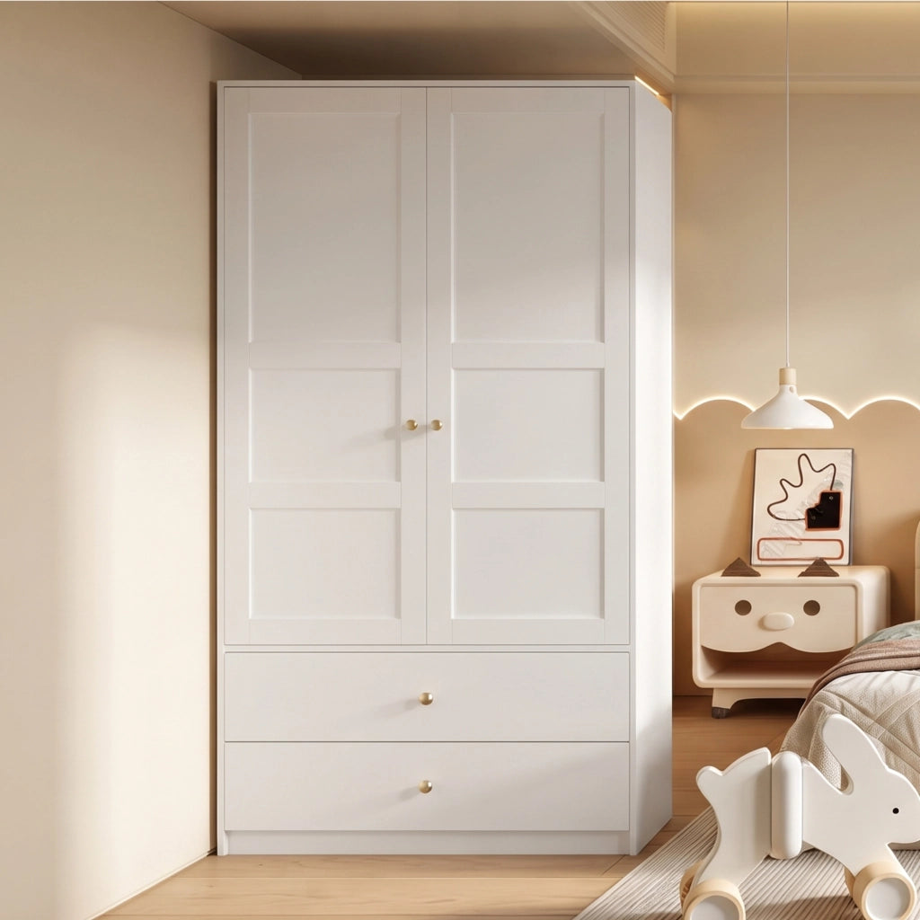 Armadio 2 ante con 2 cassetti e barra appendiabiti in MDF bianco per camera da letto 100 × 48 × 180 cm