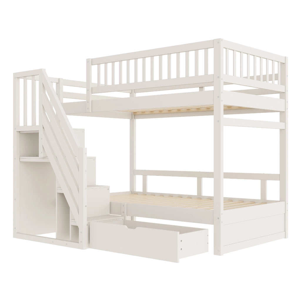 Letto a Castello 2 Posti con Scala Contenitore; Cassetto e Sponda Alta; 90 x 200 cm; senza Materasso; Bianco