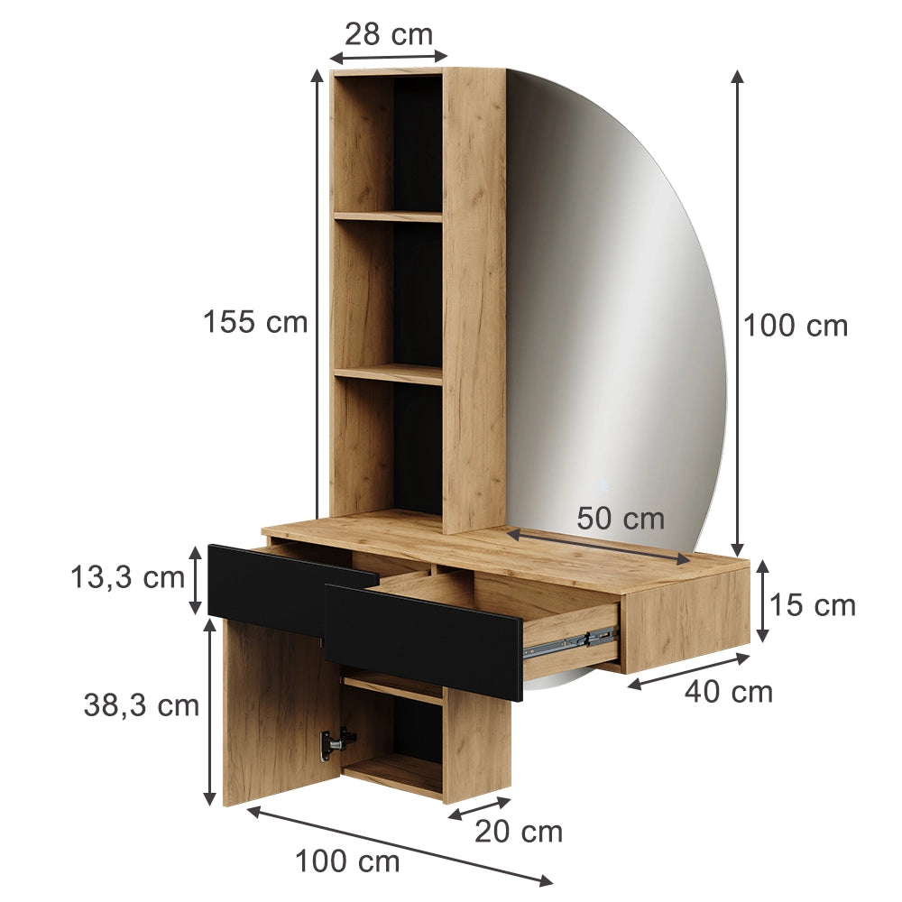 Vicco Tavolo da toeletta Quercia/nero 100 cm con specchio a LED