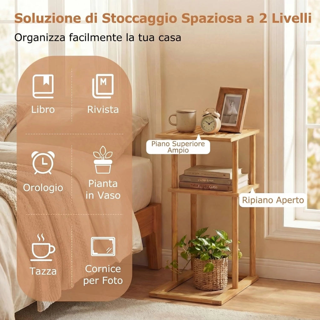 Set di 2 Tavolini a Forma di C, Tavolini Bassi in Bambù con Ripiani Portaoggetti, Tavolo Laterale da Divano per Piccoli Spazi, per Soggiorno, Camera da Letto, 40 X 28 X 65 CM (Modelli 1, 2)