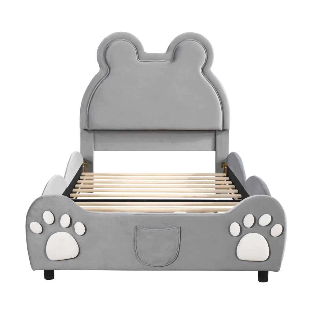 Letto per bambini 90x200 cm a forma di orso; imbottito in tessuto vellutato grigio