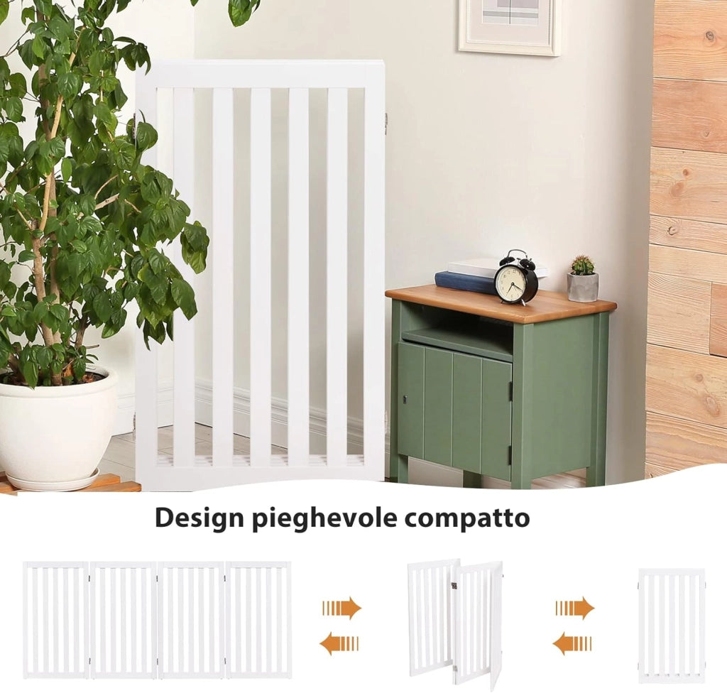 Cancelletto per Cani Pieghevole in Legno con 4 Ante, Ideale per Scale, Soggiorno e Cucina, 89 x 200 cm, Bianco