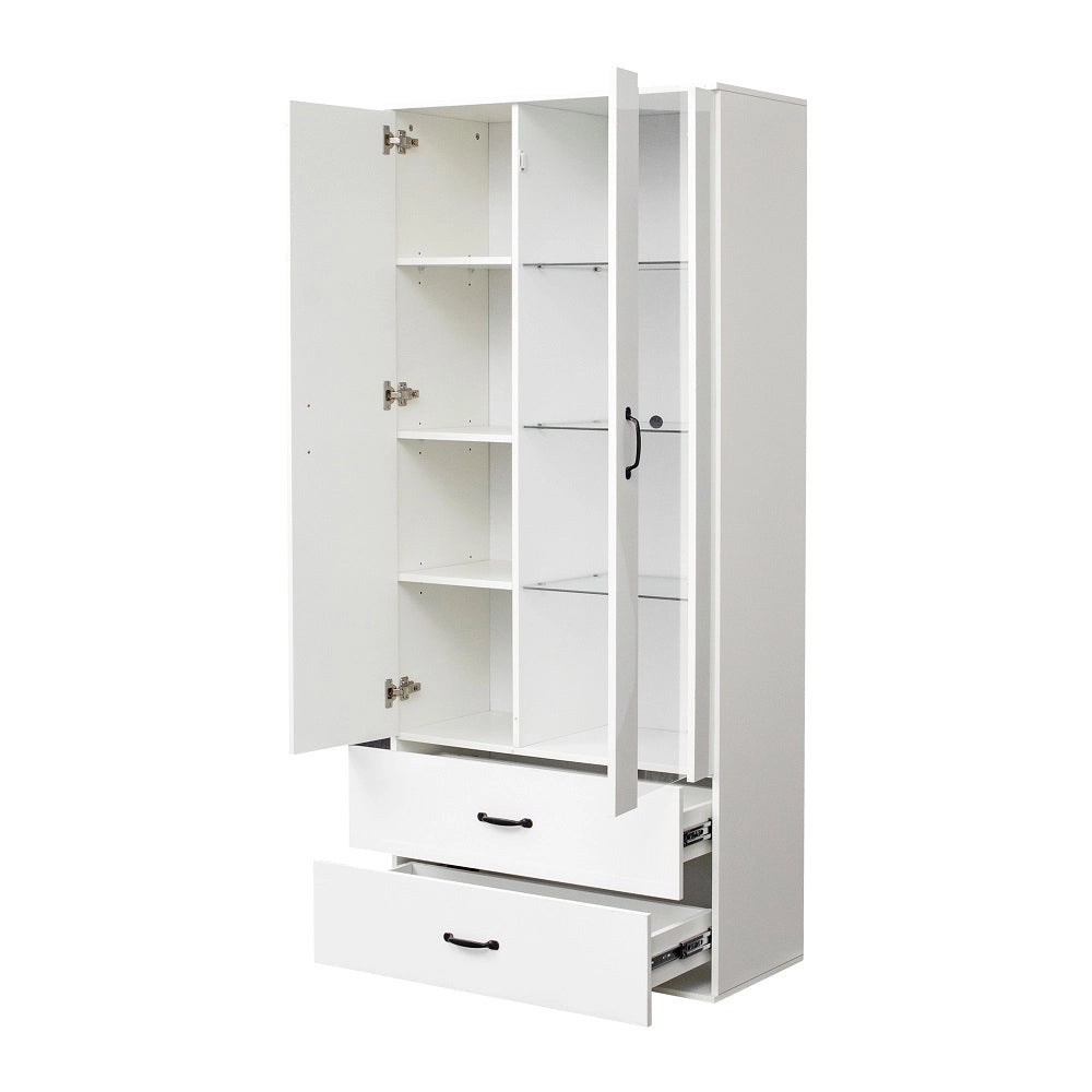 Armoire de rangement ??clair??e LED 16 couleurs - Xylo - 2 portes vitr??es 2 tiroirs - Blanc