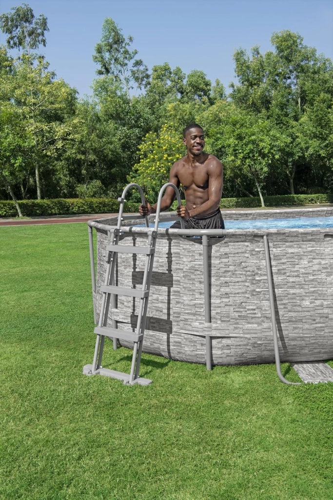 Bestway 56714 piscina fuori terra ovale effetto pietra power steel swim vista  con oblò 427x250x100 cm