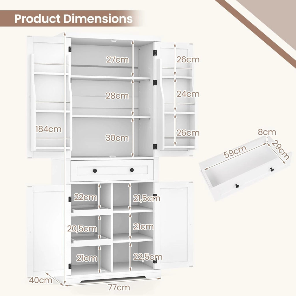 Armadio Alto 184 cm con 4 Ante, Cassetto e Ripiani Regolabili, Mobile Buffet con Scaffale Multiuso, Ideale per Cucina e Soggiorno, 77 x 40 x 184 cm
