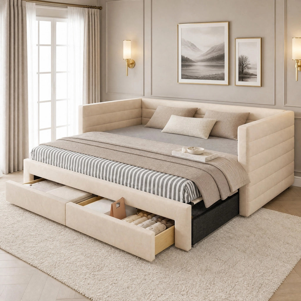 Divano letto imbottito estraibile 3 in 1 90x190 cm beige