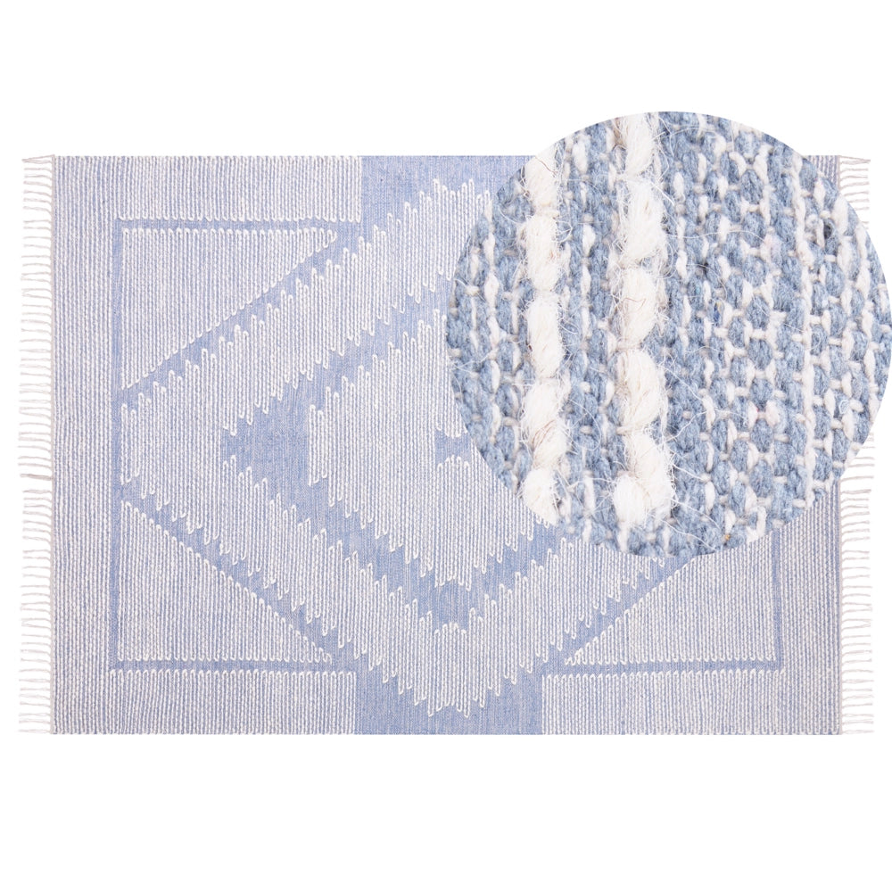 Tappeto in cotone e lana con nappe bianco blu 140 x 200 cm soggiorno camera da letto