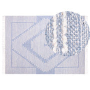Tappeto in cotone e lana con nappe bianco blu 140 x 200 cm soggiorno camera da letto