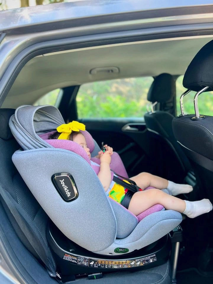 Seggiolino auto per bambini girevole 360 gradi con ISOFIX e reclinazione, cappottina removibile in tessuto rosa grigio