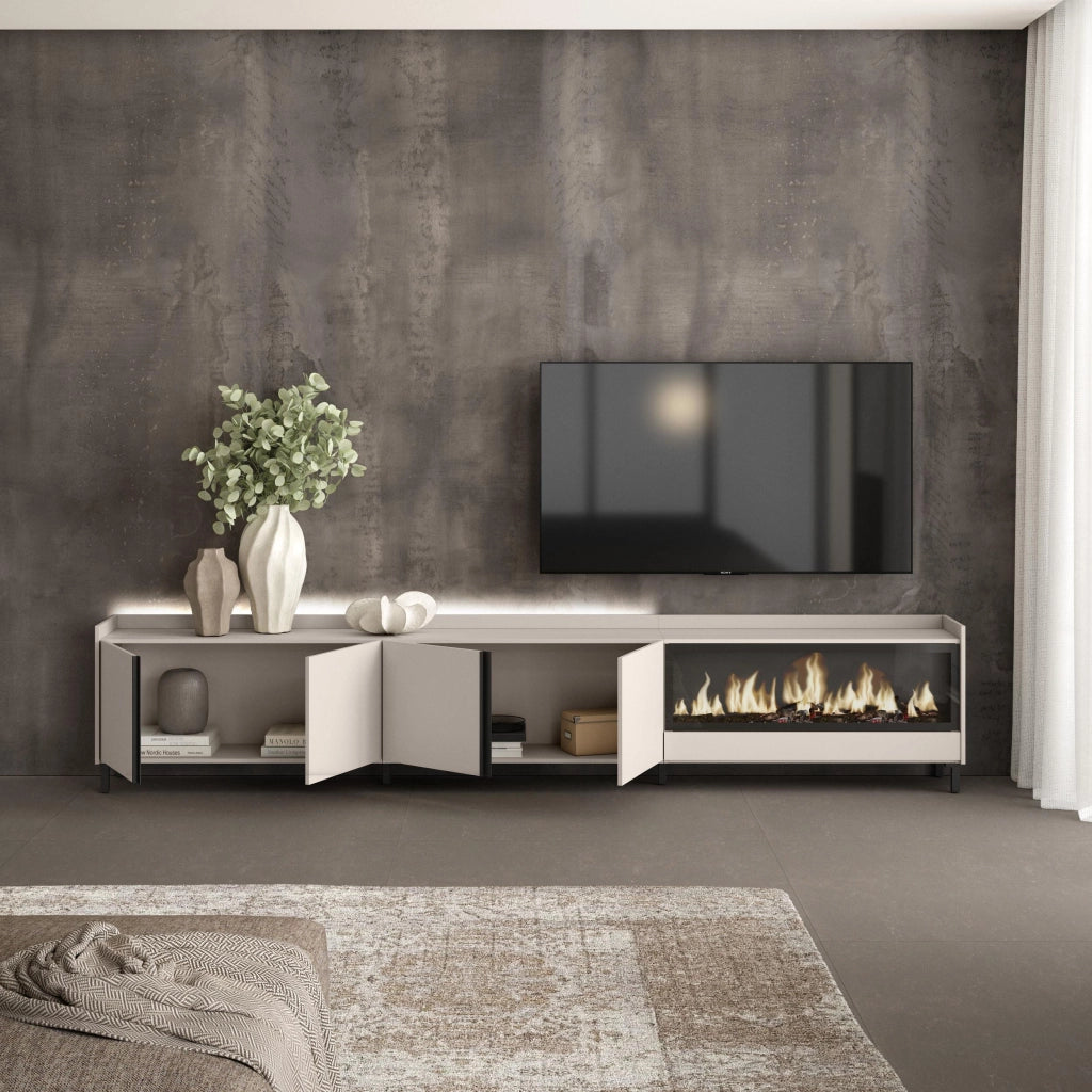 Mobile TV Soggiorno, 315x61x35 cm, Per TV fino a 80", Camino elettrico XXL, Design industriale, LED, Beige