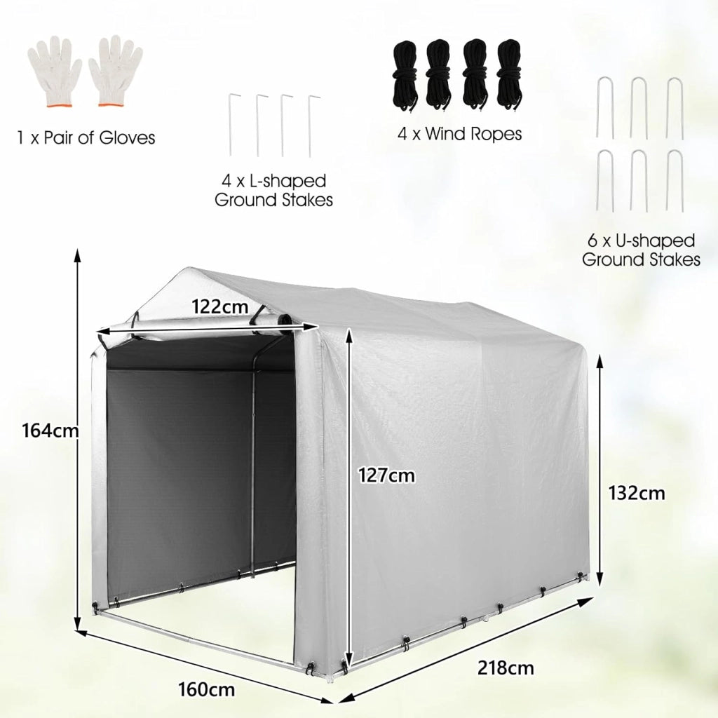 Capanno da Giardino 218 X 160 X 164 CM, Tenda Garage per Bici Moto Attrezzi, con Copertura en PE Impermeabile, Porta con Cerniera, Telaio in Metallo, Picchetti, per Esterno (Grigio Chiaro)