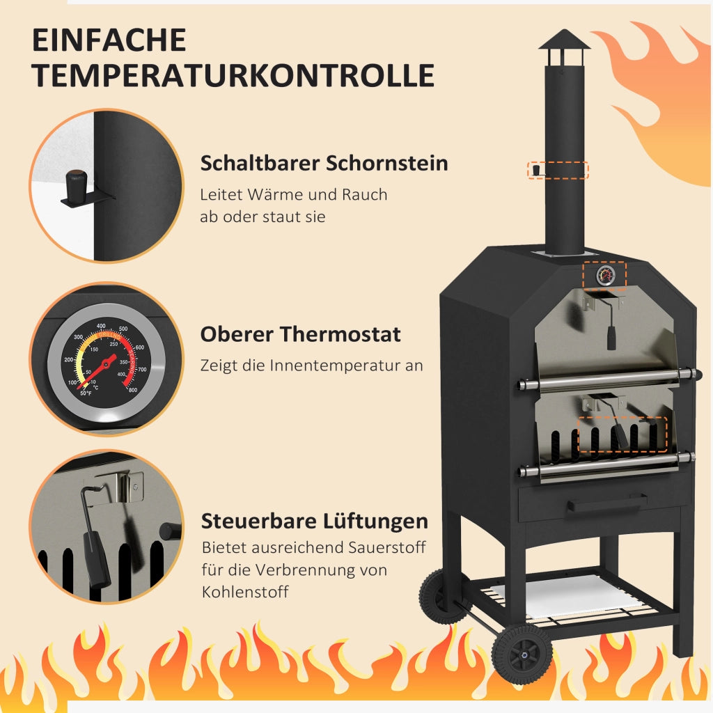 Forno Pizza 2 in 1 per Esterno ¨C zephmum ¨C Griglia, Piatto in Pietra, Nero, Acciaio Inox