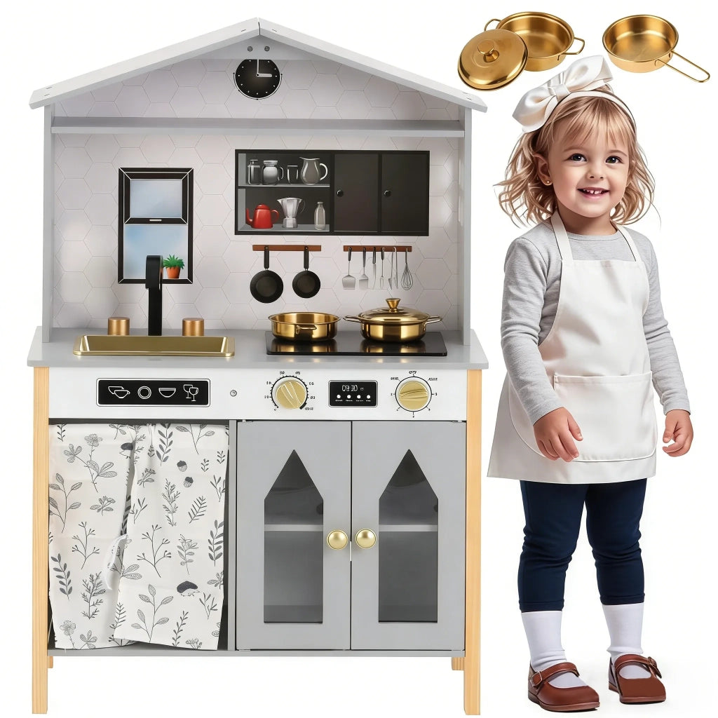 Cucina giocattolo in legno e plastica grigia, 28.5x60x92 cm, con accessori ed effetti sorpresa, design creativo, adatta a bambini da 3 anni
