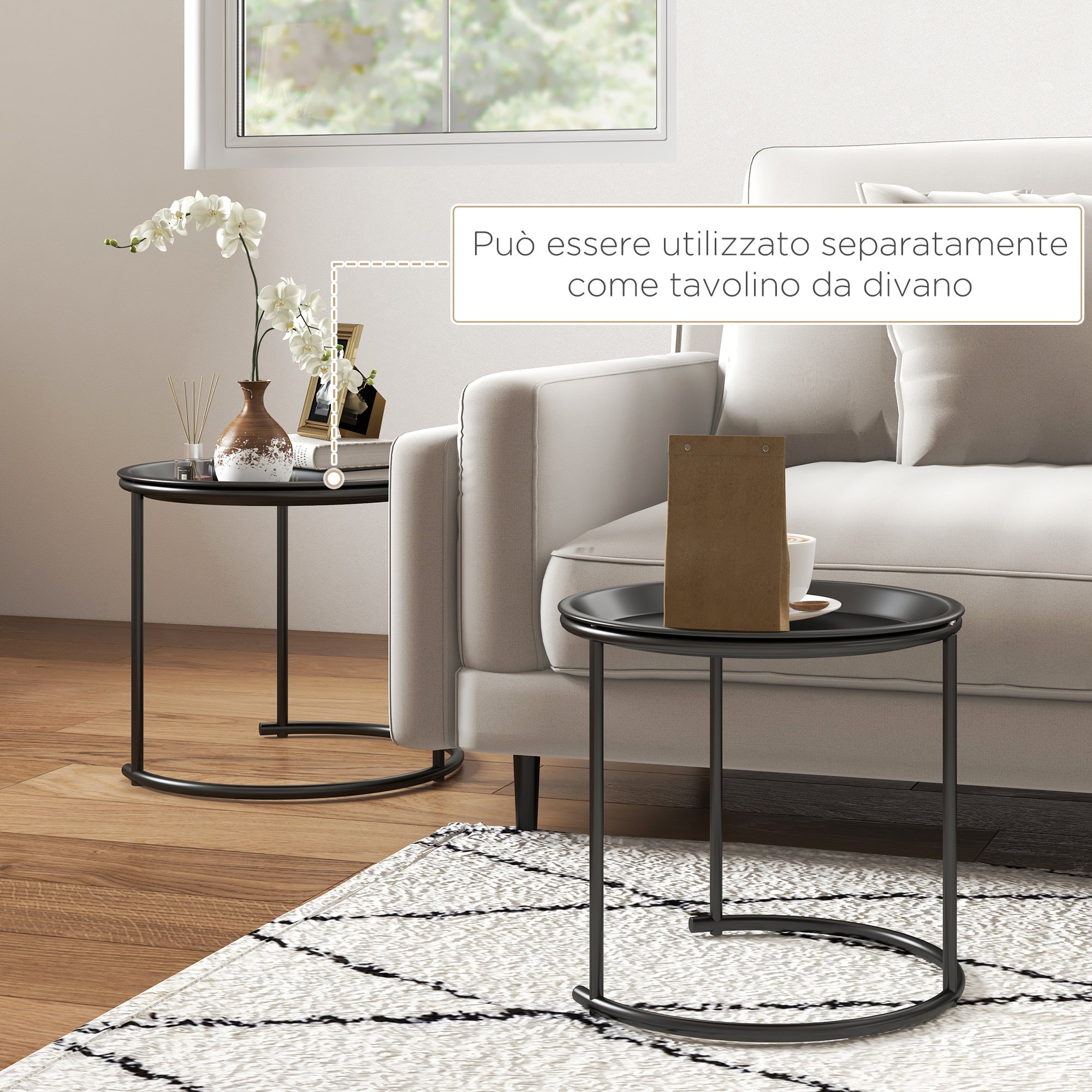 Set 2 Tavolini da Salotto Rotondi Sovrapponibili con Vassoio rimuovibile Nero
