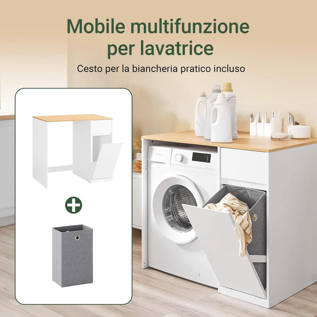 Mobile per lavatrice – Armadio da bagno con cesto portabiancheria e cassetto, per lavatrice e asciugatrice, Mobiletto salvaspazio legno, Bianco,100×60×90 cm, BZR217-WN