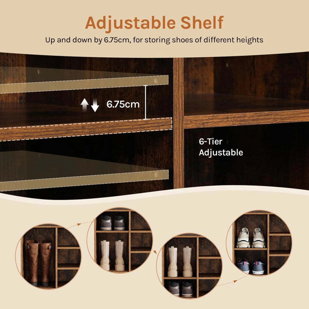 Panca Scarpiera da Ingresso, Scaffale Porta Scarpe a 12 Scomparti con Seduta Imbottita, Mobile da Ingresso Salvaspazio in Legno, Marrone Rustico+Marrone, 102x30x48,5 cm