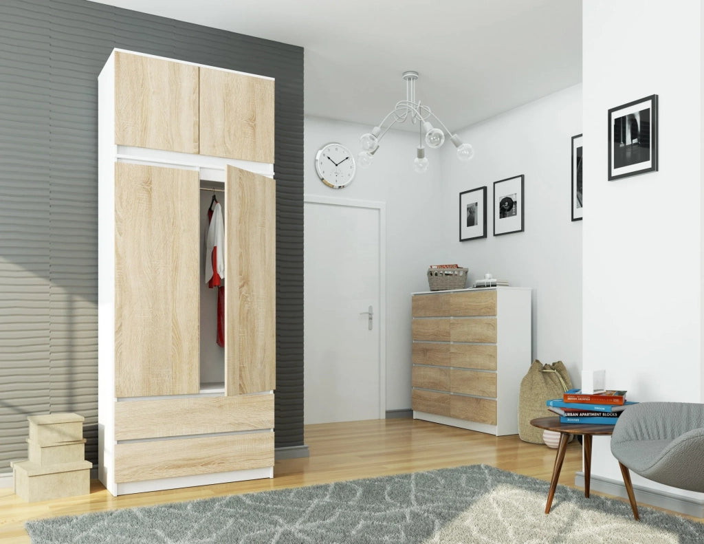 Armadio AKORD S90 con sopralzo Bianca 90 cm 2 ante 2 cassetti inserto frontale Sonoma Quercia 90x51x234 cm