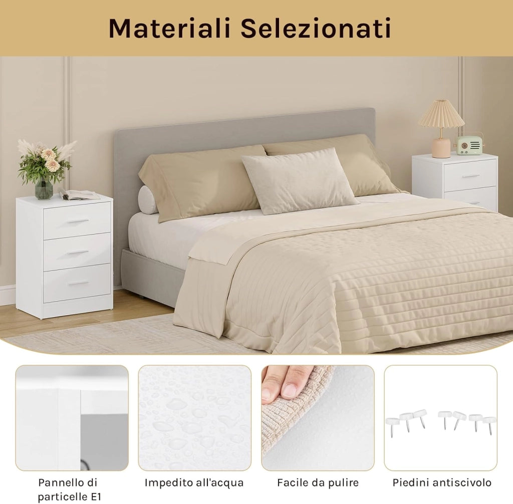 Set di 2 Comodini Moderni con 3 Cassetti, Grande Capacità, Tavolino da Letto per Camera da Letto, Soggiorno e Ufficio, 39x28x54cm, Bianco, NTS26hei-2